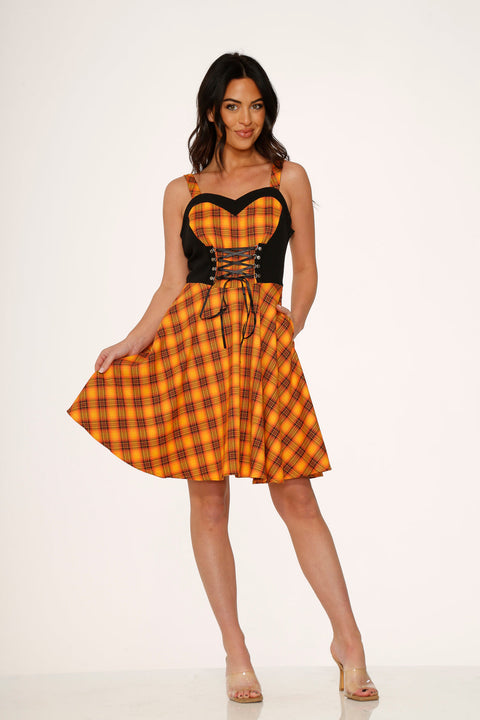 Orangefarbenes kariertes Swingkleid-3