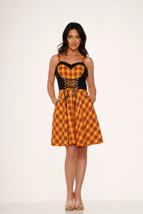 Orangefarbenes kariertes Swingkleid-4