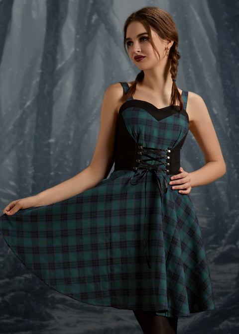 Grünes kariertes Swingkleid-3