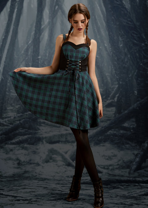 Grünes kariertes Swingkleid-4