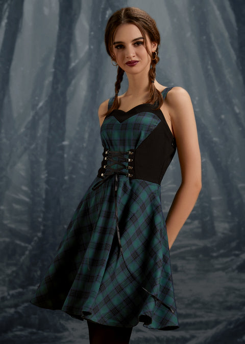 Grünes kariertes Swingkleid-5