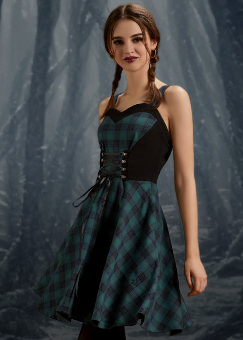 Grünes kariertes Swingkleid-7