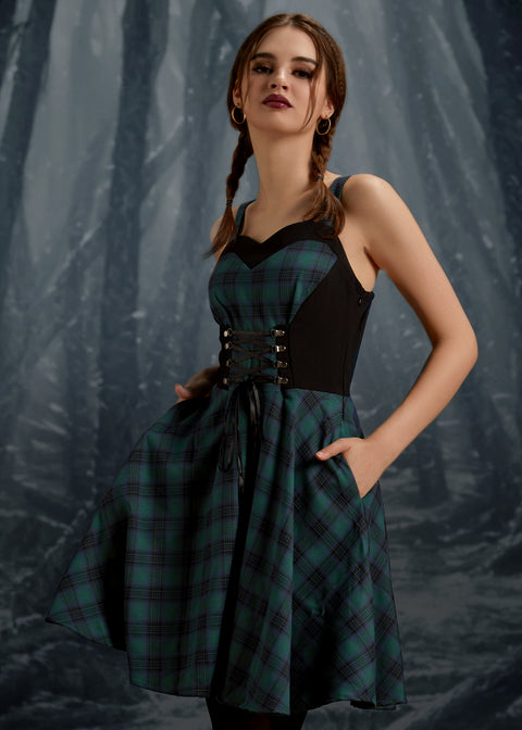 Grünes kariertes Swingkleid-8