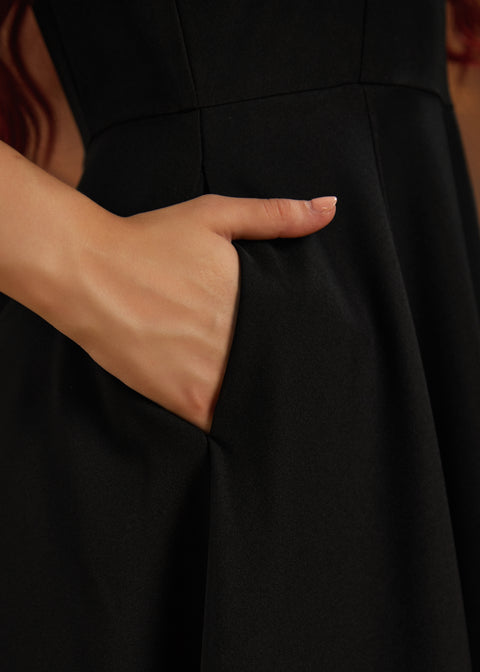 Schwarzes, mit Fledermausstickerei verziertes Swingkleid-5