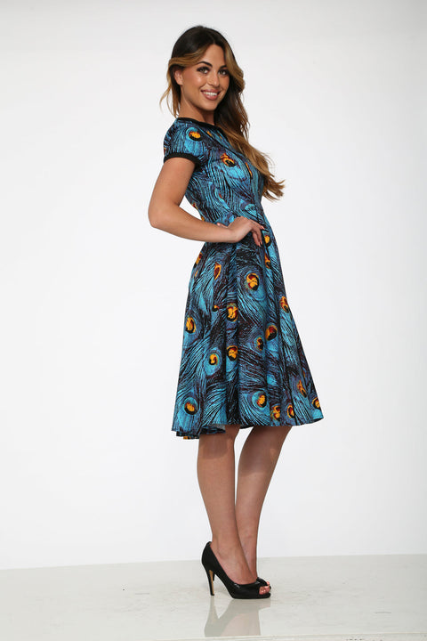 Blaues Pfauen-Swingkleid-5