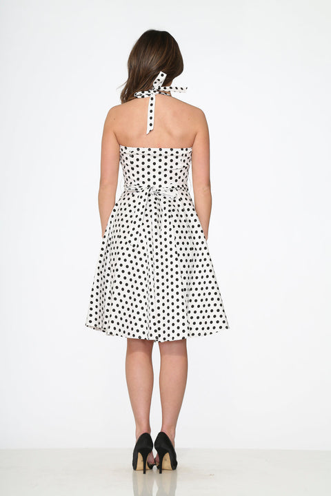 Weiß-schwarz gepunktetes Neckholderkleid-5