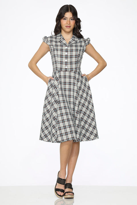 Braun-blau kariertes Swingkleid-4