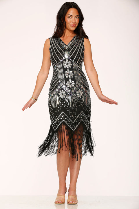 Schwarzes silbernes Flapper-Kleid-8