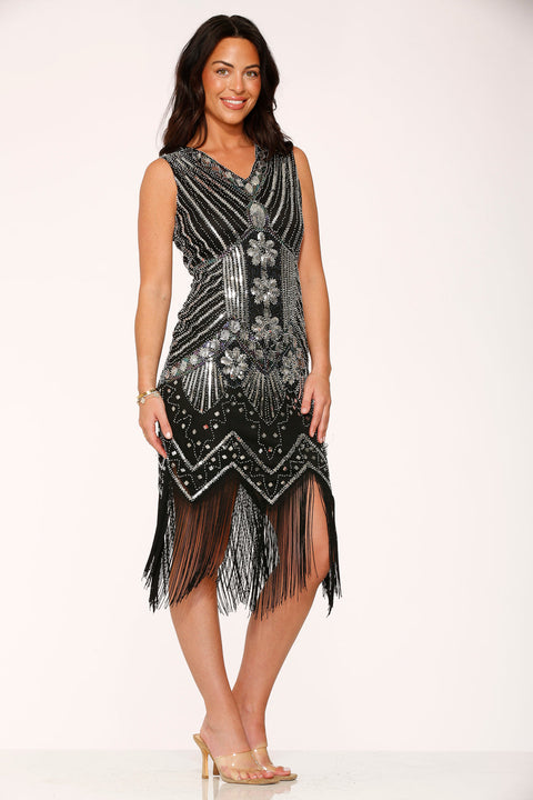 Schwarzes silbernes Flapper-Kleid-7