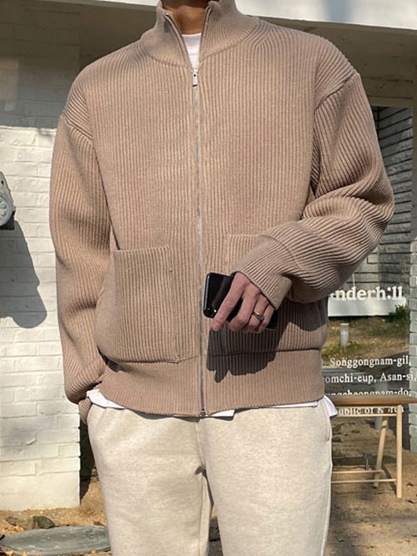 Men's Solid Dual Pocket Zip Up Sweater-5