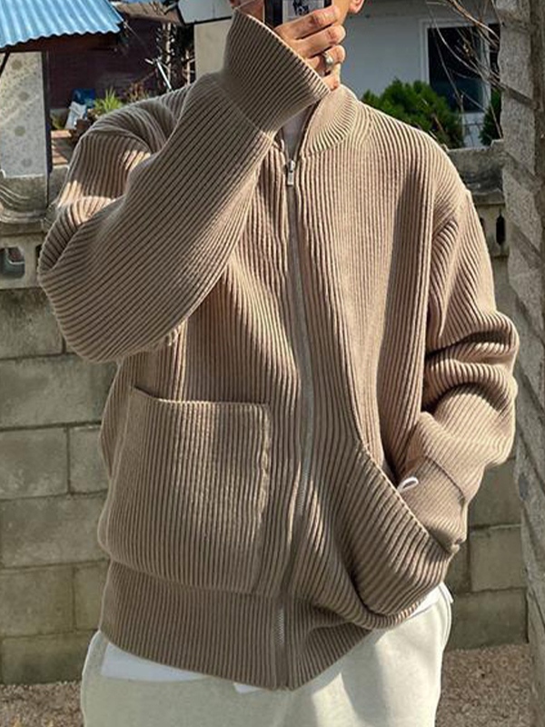 Men's Solid Dual Pocket Zip Up Sweater-4