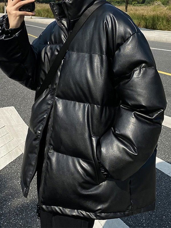 Men's Pu Leather Puffer Jacket-3
