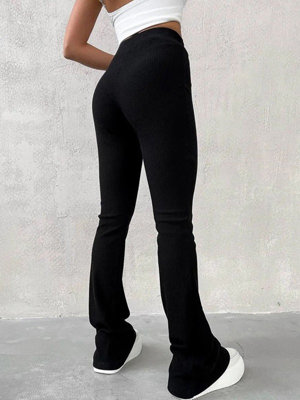 Stretchy Ribbed Flare Leg Pants-3