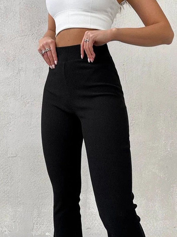 Stretchy Ribbed Flare Leg Pants-4