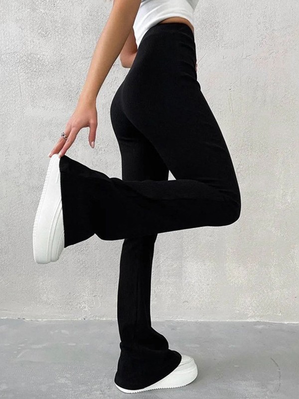 Stretchy Ribbed Flare Leg Pants-2