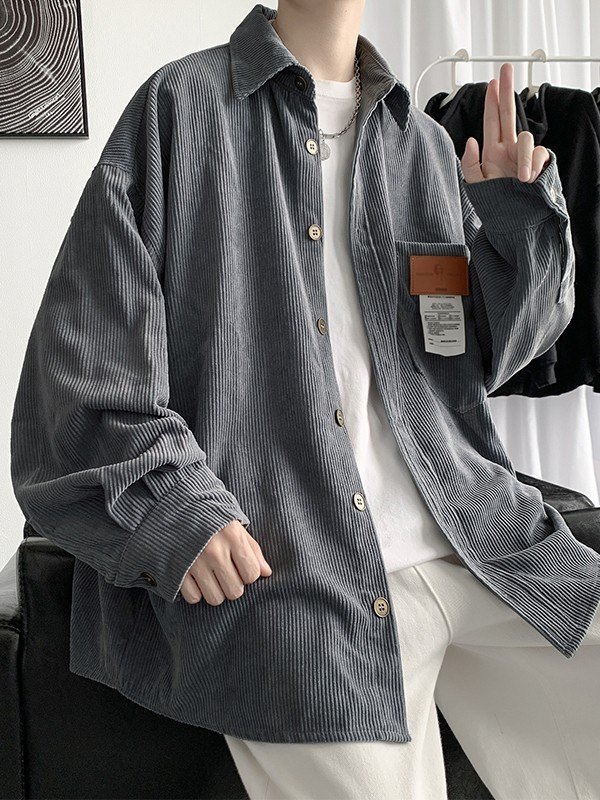 Men's Patch Detail Corduroy Long Sleeve Shirt-1