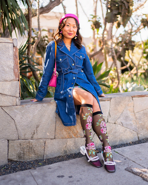 Englische Rose Schwarze Transparente Kniestrümpfe-8