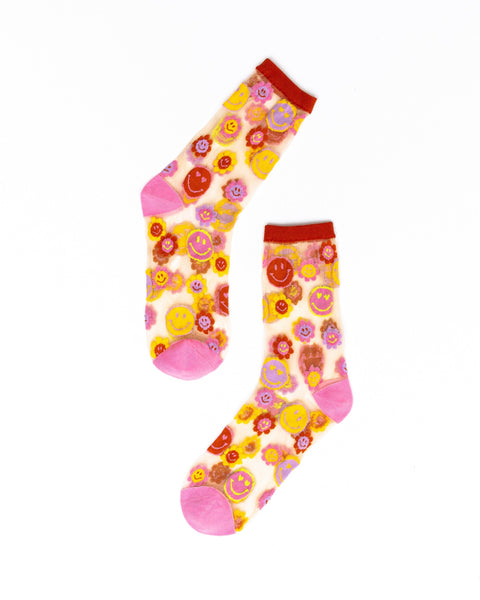 Smiley Face Daisy Sheer Crew Sock-1
