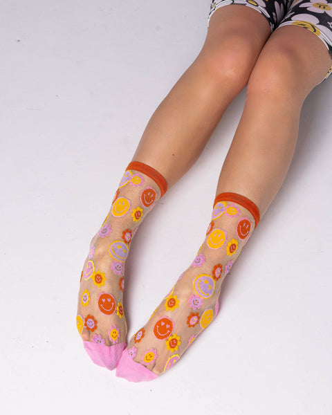 Smiley Face Daisy Sheer Crew Sock-6